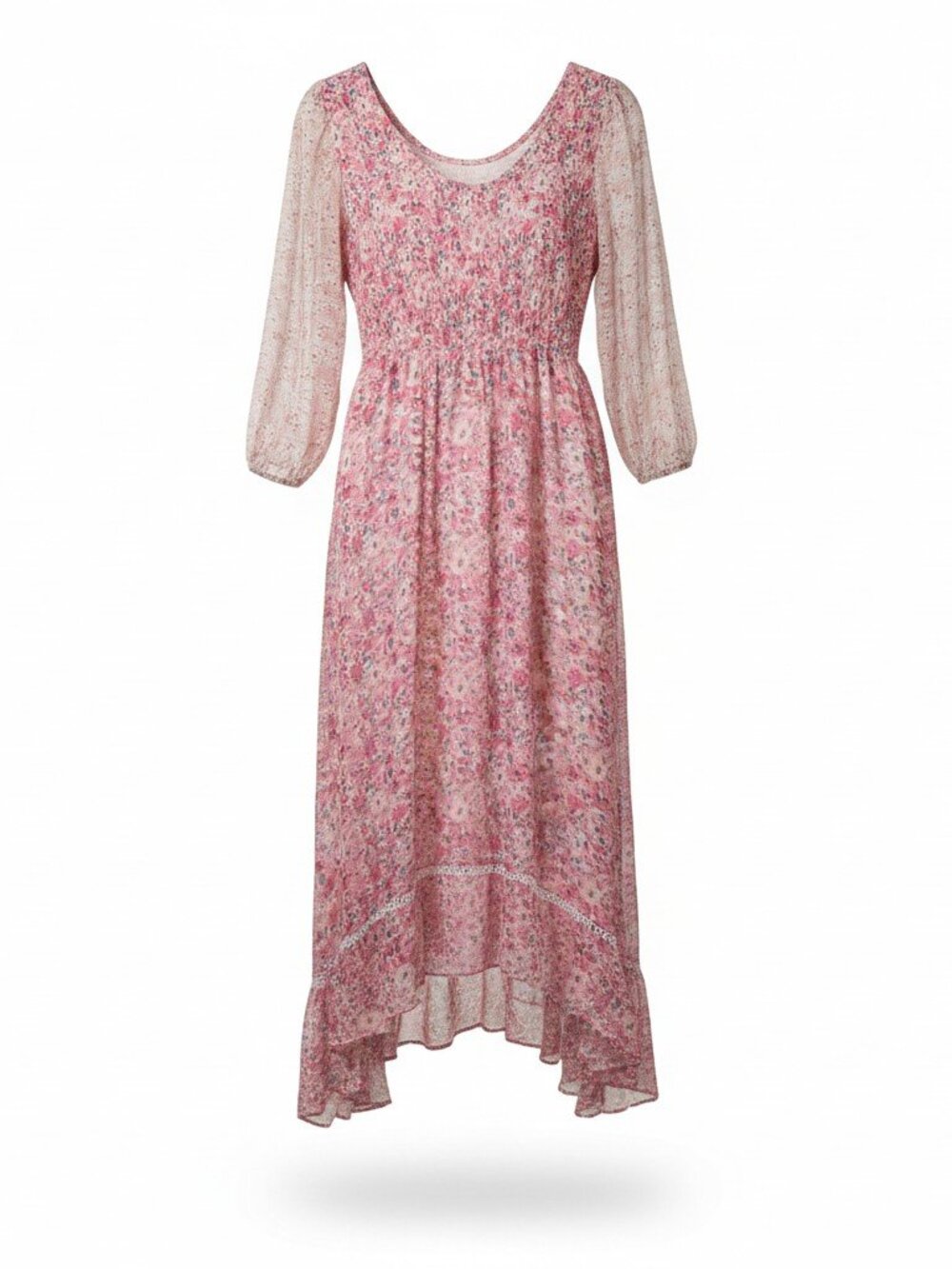 Melloday Pink Floral Smocked Top Fully Lined Maxi Dress - Size Large